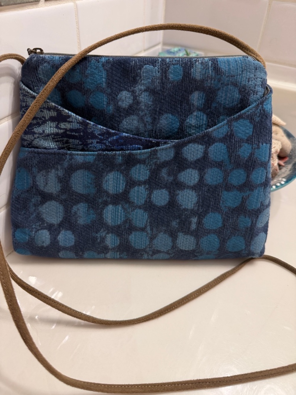 Blue Patterned Crossbody Bag with Suede Strap